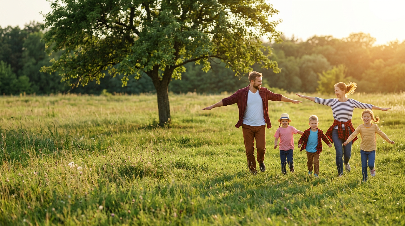 Pais e filhos brincando juntos em um campo, ao lado de uma árvore ao entardecer